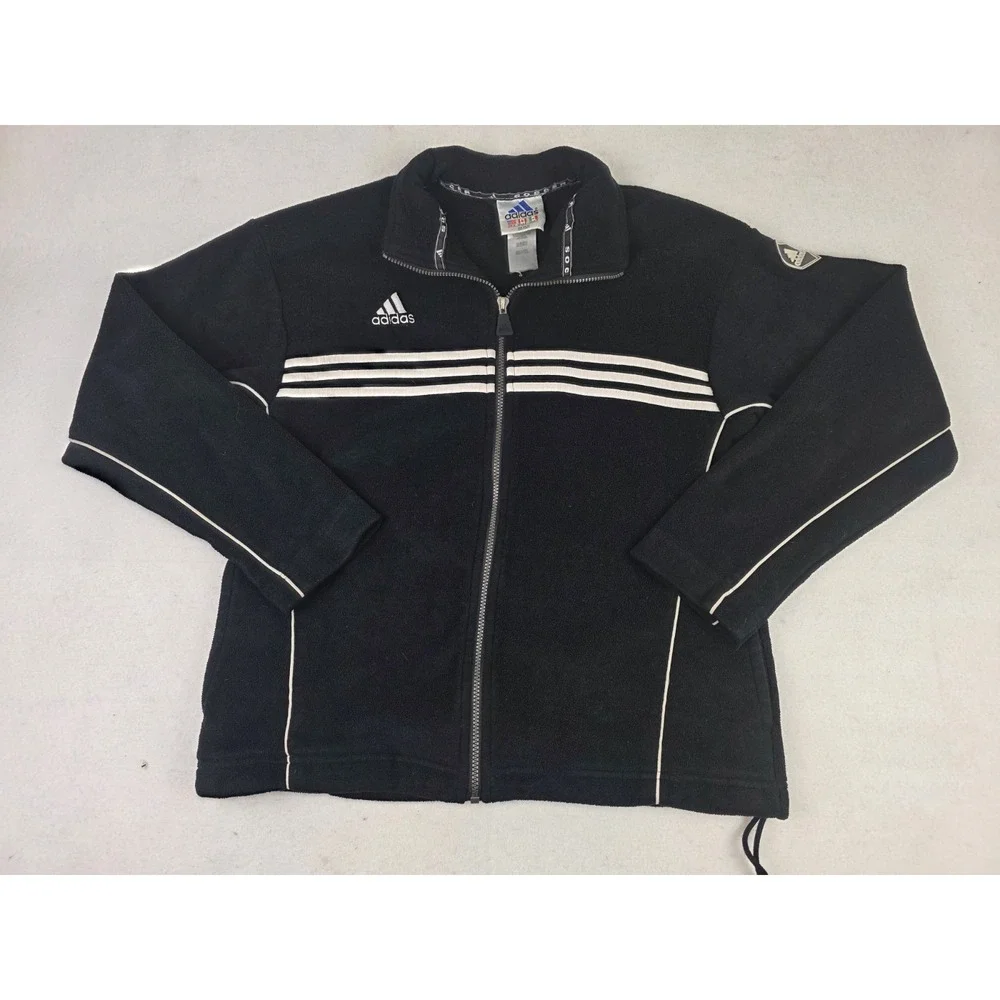 Vintage Y2K Adidas Soccer Fleece Jacket Black Striped Full Zip Track Mens Size S